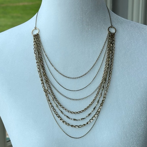 NWT Vintage Gold Tone Graduated 7 Strand Chain Waterfall Necklace Adjustable 16” - Picture 4 of 6